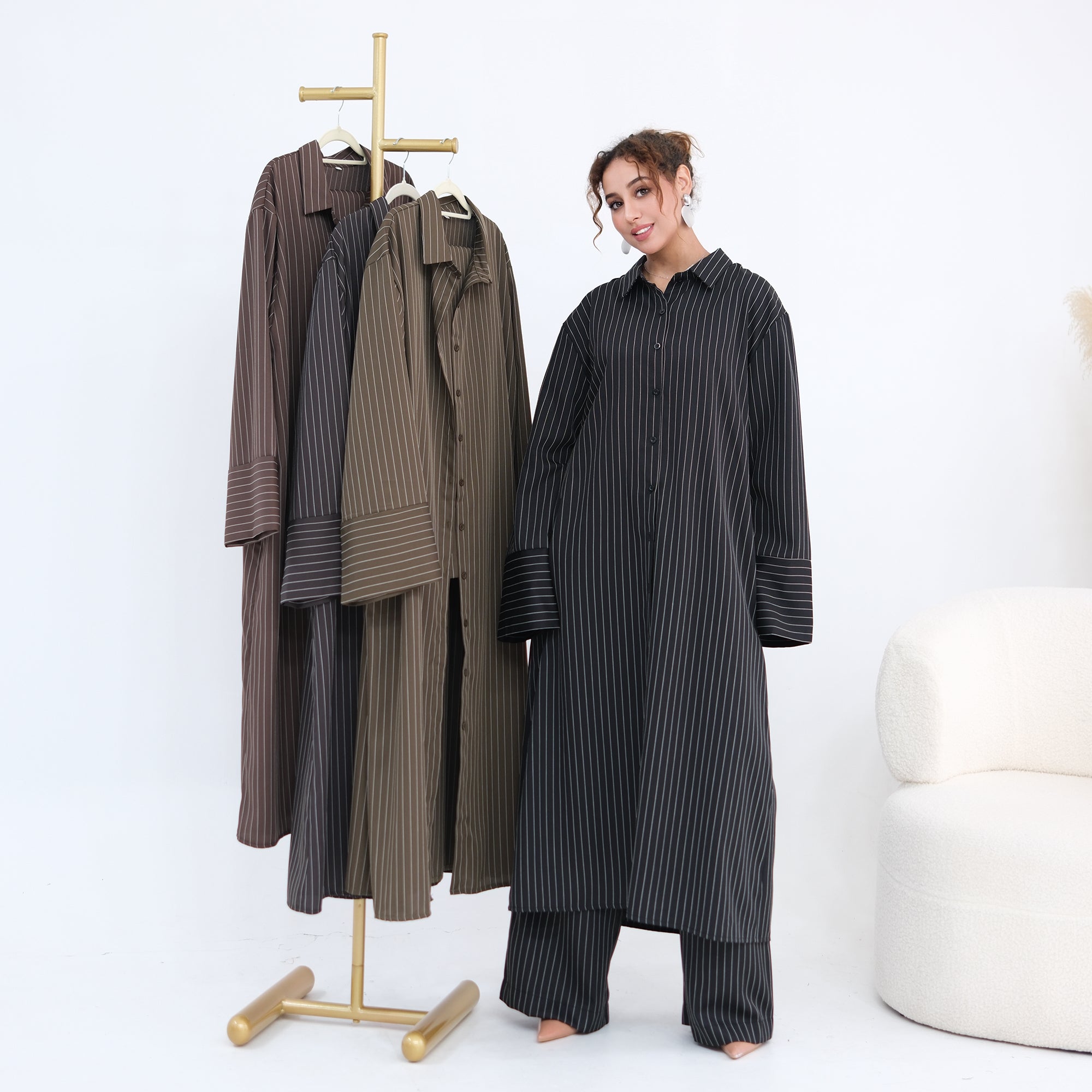 Striped Co-Ord Set – Lapel Buttoned Top & Wide-Leg Pants