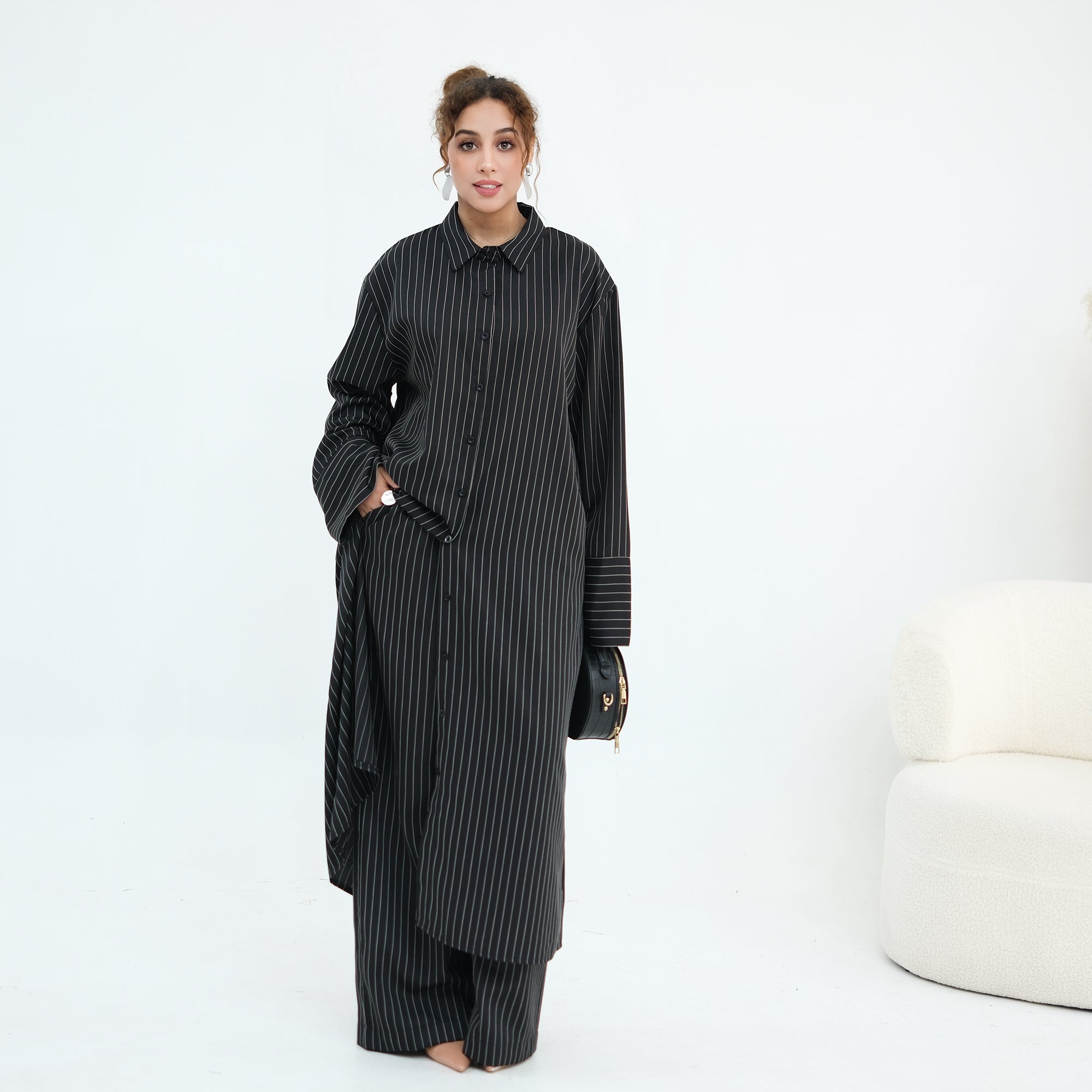 Striped Co-Ord Set – Lapel Buttoned Top & Wide-Leg Pants