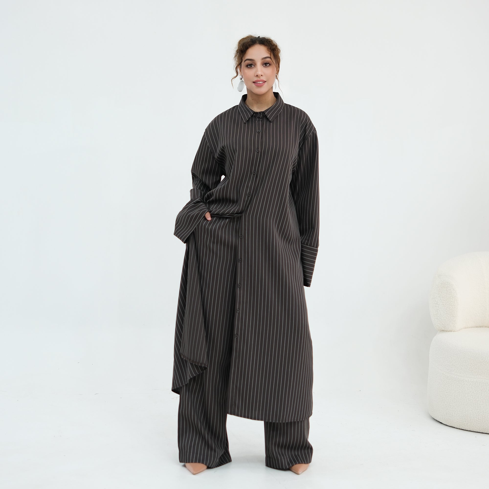 Striped Co-Ord Set – Lapel Buttoned Top & Wide-Leg Pants